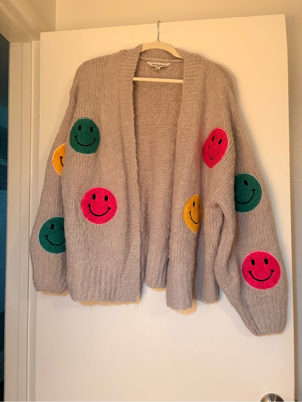 Cozy Taupe Open-Front Cardigan Sweater with Colorful Smiley Patches